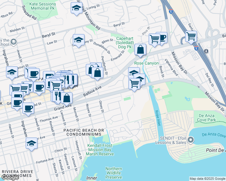 map of restaurants, bars, coffee shops, grocery stores, and more near 2241 Grand Avenue in San Diego
