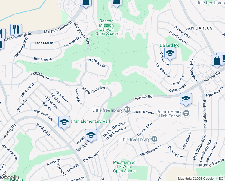 map of restaurants, bars, coffee shops, grocery stores, and more near 7303 Margerum Avenue in San Diego