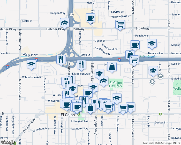 map of restaurants, bars, coffee shops, grocery stores, and more near 455 Ballantyne Street in El Cajon