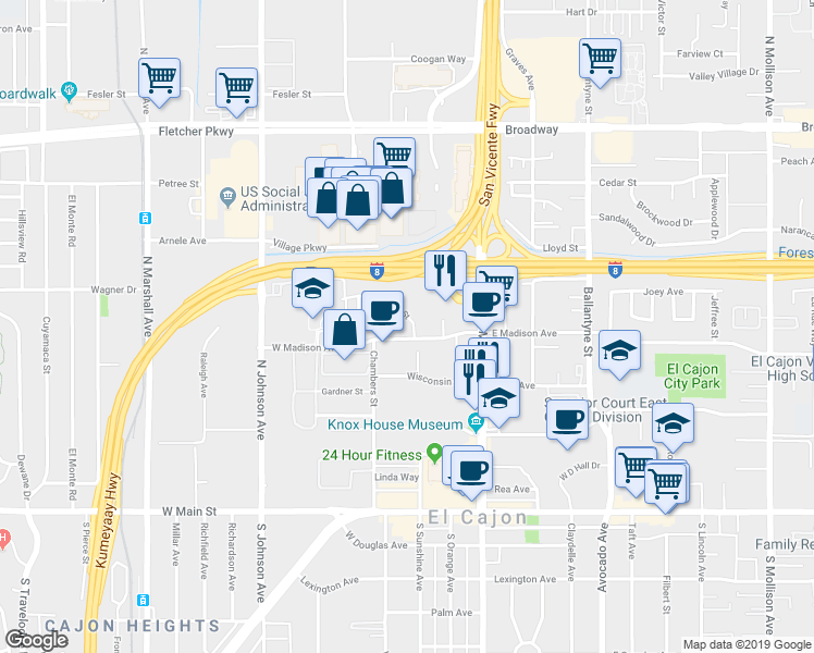 map of restaurants, bars, coffee shops, grocery stores, and more near 337 West Madison Avenue in El Cajon