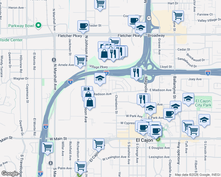 map of restaurants, bars, coffee shops, grocery stores, and more near 411 West Madison Avenue in El Cajon