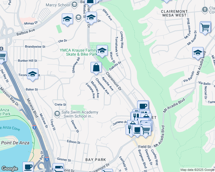 map of restaurants, bars, coffee shops, grocery stores, and more near 3235 Cheyenne Avenue in San Diego