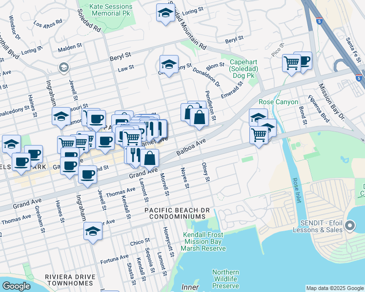 map of restaurants, bars, coffee shops, grocery stores, and more near 2131 Balboa Avenue in San Diego