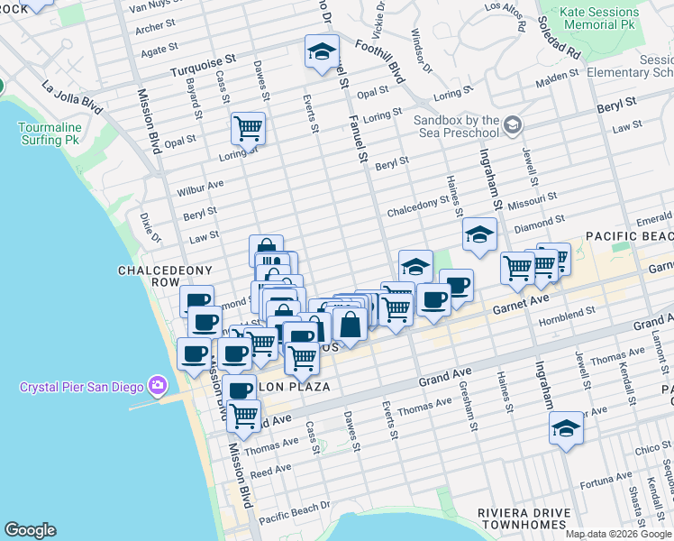 map of restaurants, bars, coffee shops, grocery stores, and more near 1111 Diamond Street in San Diego