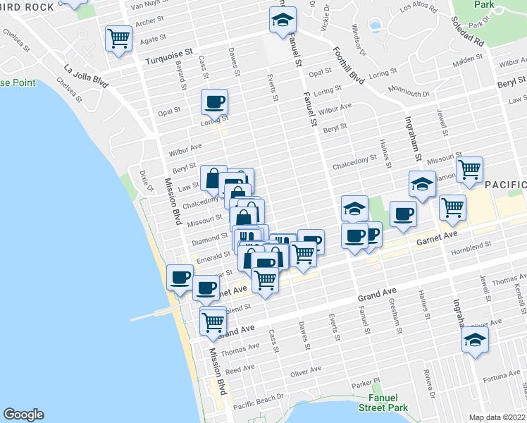 map of restaurants, bars, coffee shops, grocery stores, and more near 4735 Cass Street in San Diego