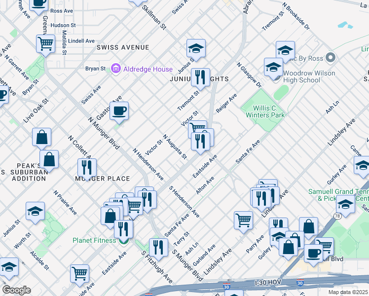 map of restaurants, bars, coffee shops, grocery stores, and more near 5511 Columbia Avenue in Dallas