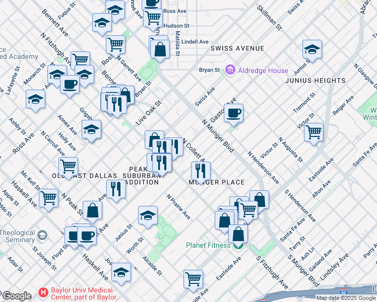 map of restaurants, bars, coffee shops, grocery stores, and more near 4930 Gaston Avenue in Dallas