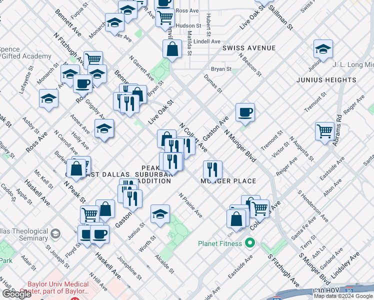 map of restaurants, bars, coffee shops, grocery stores, and more near 4901 Gaston Avenue in Dallas