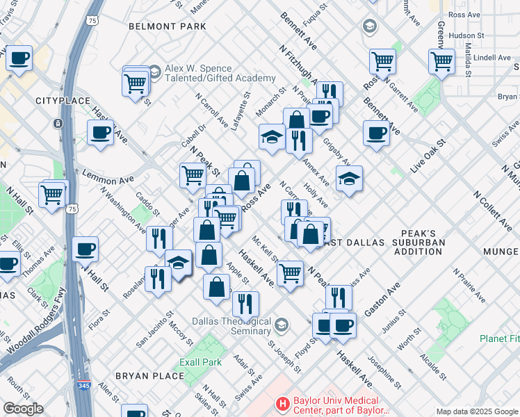 map of restaurants, bars, coffee shops, grocery stores, and more near in Dallas