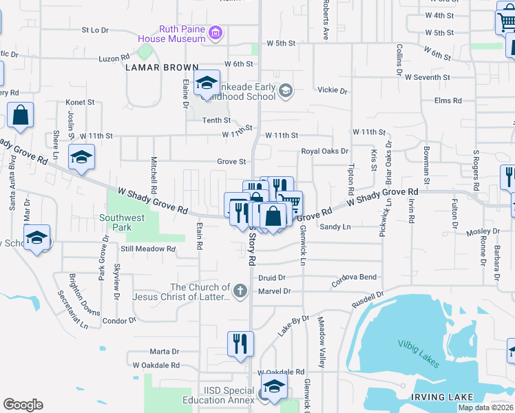 map of restaurants, bars, coffee shops, grocery stores, and more near 100 West Shady Grove Road in Irving