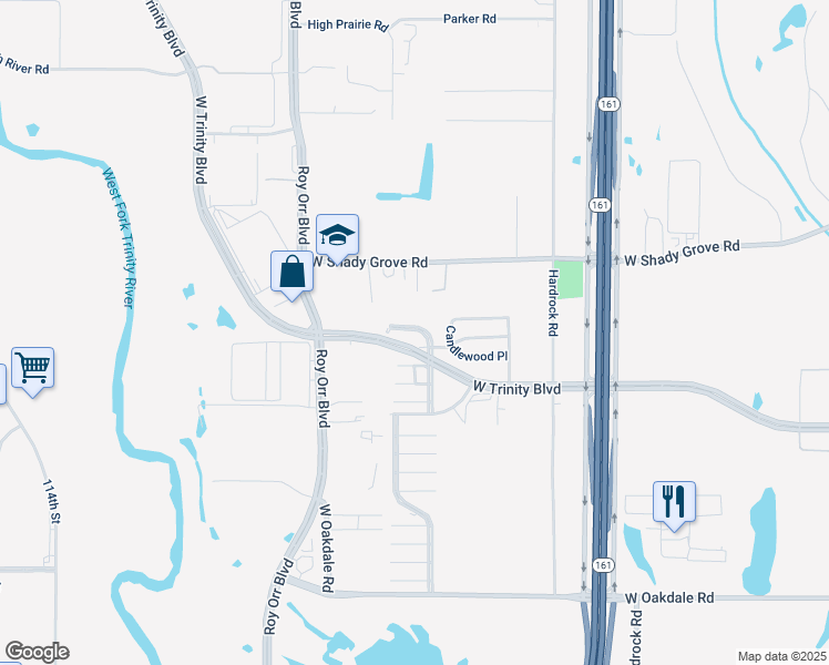 map of restaurants, bars, coffee shops, grocery stores, and more near 1300 West Trinity Boulevard in Grand Prairie