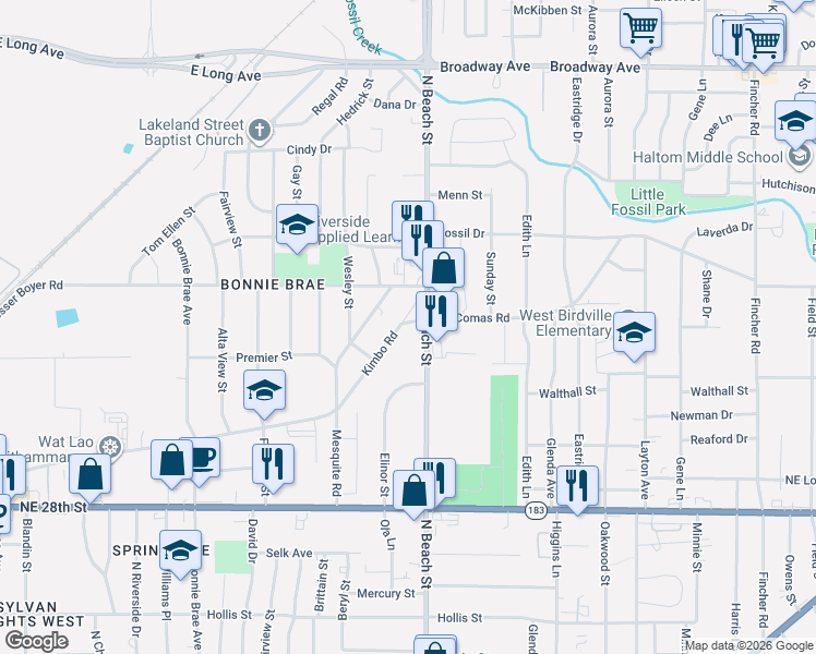 map of restaurants, bars, coffee shops, grocery stores, and more near 3816 Kimbo Road in Fort Worth