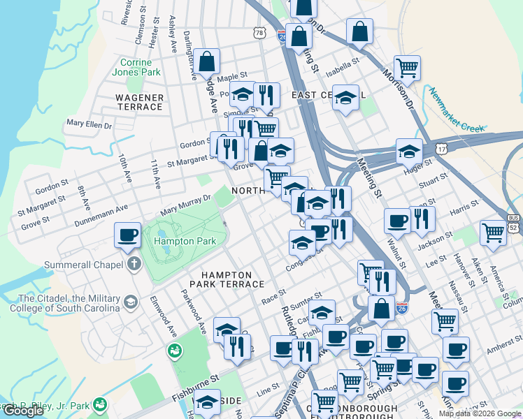 map of restaurants, bars, coffee shops, grocery stores, and more near 19 Maverick Street in Charleston