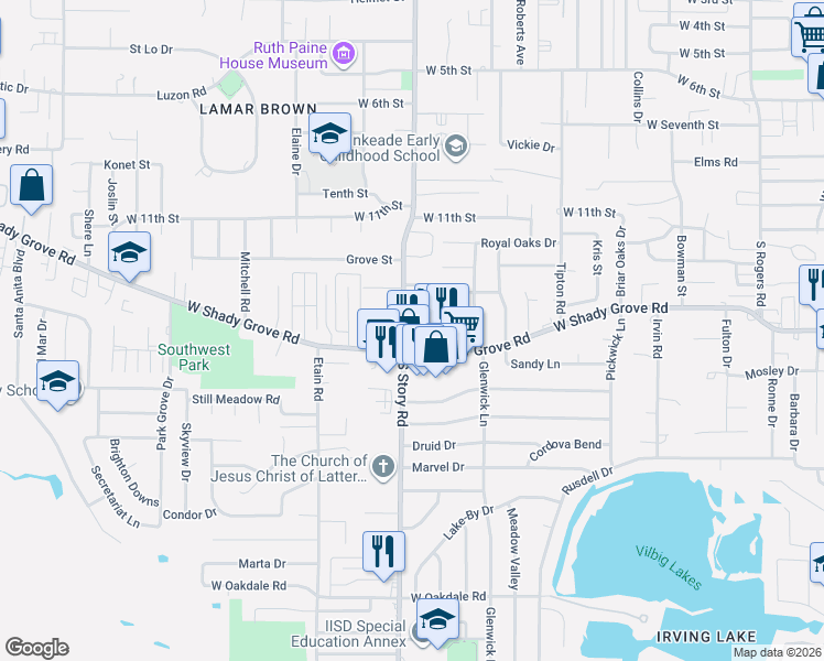 map of restaurants, bars, coffee shops, grocery stores, and more near 100 West Shady Grove Road in Irving