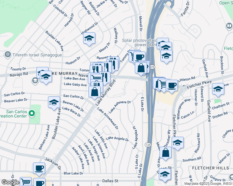 map of restaurants, bars, coffee shops, grocery stores, and more near 8765 Lake Murray Boulevard in San Diego