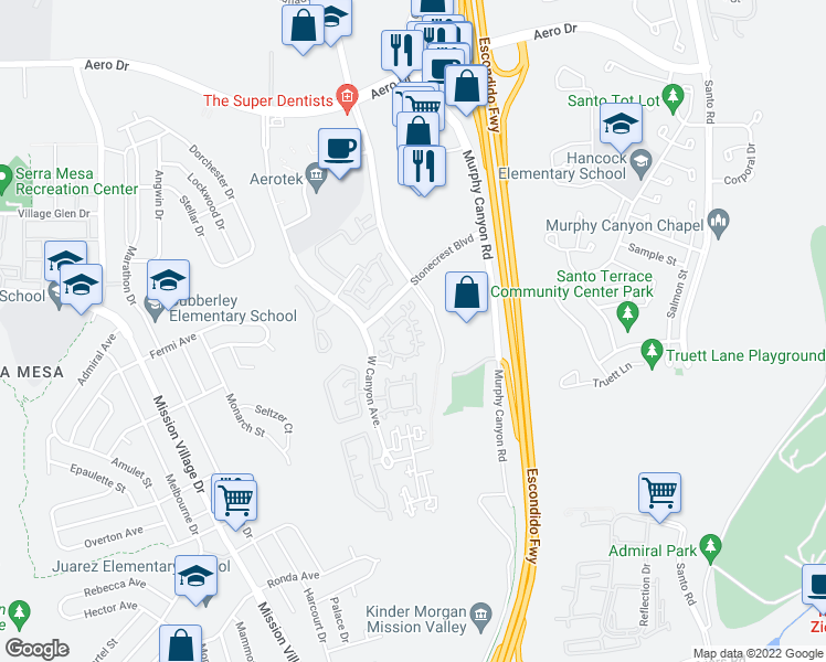 map of restaurants, bars, coffee shops, grocery stores, and more near 9769 Stonecrest Blvd in San Diego