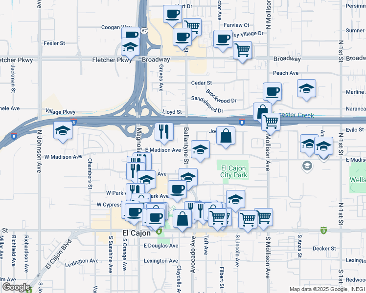map of restaurants, bars, coffee shops, grocery stores, and more near in El Cajon