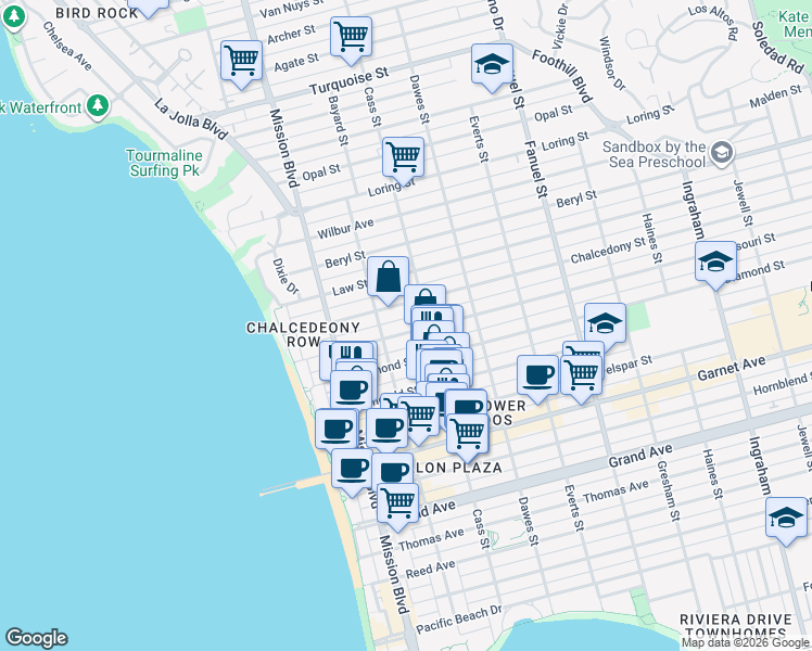 map of restaurants, bars, coffee shops, grocery stores, and more near 944 Missouri Street in San Diego