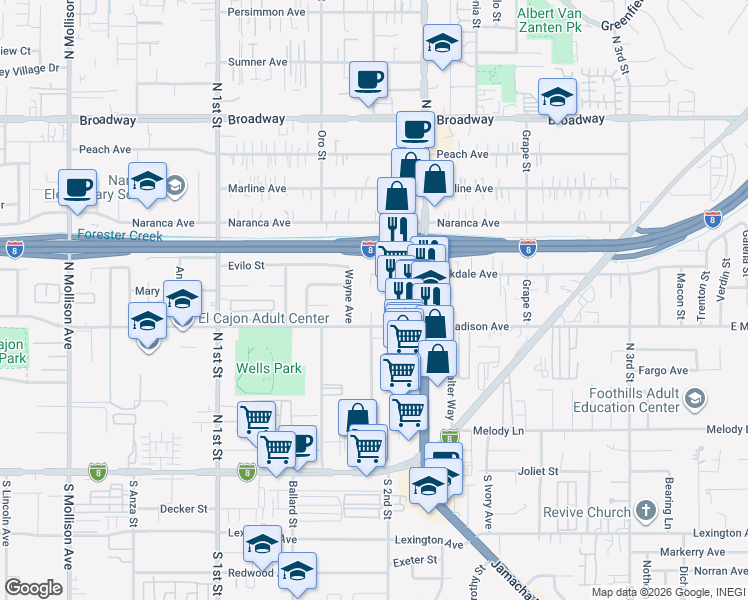 map of restaurants, bars, coffee shops, grocery stores, and more near 1244 East Madison Avenue in El Cajon