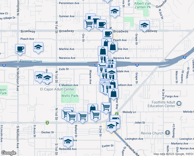 map of restaurants, bars, coffee shops, grocery stores, and more near 540 Oakdale Avenue in El Cajon