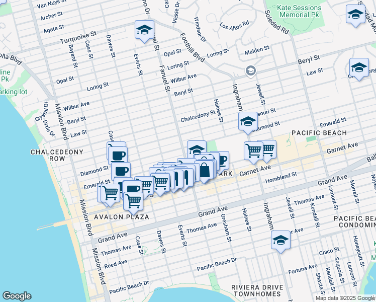 map of restaurants, bars, coffee shops, grocery stores, and more near 1260 Emerald Street in San Diego