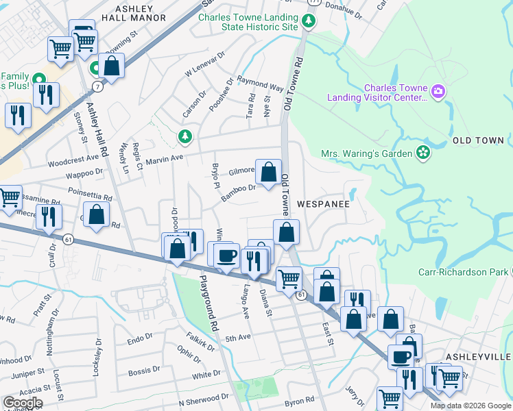 map of restaurants, bars, coffee shops, grocery stores, and more near 9 Ashland Drive in Charleston