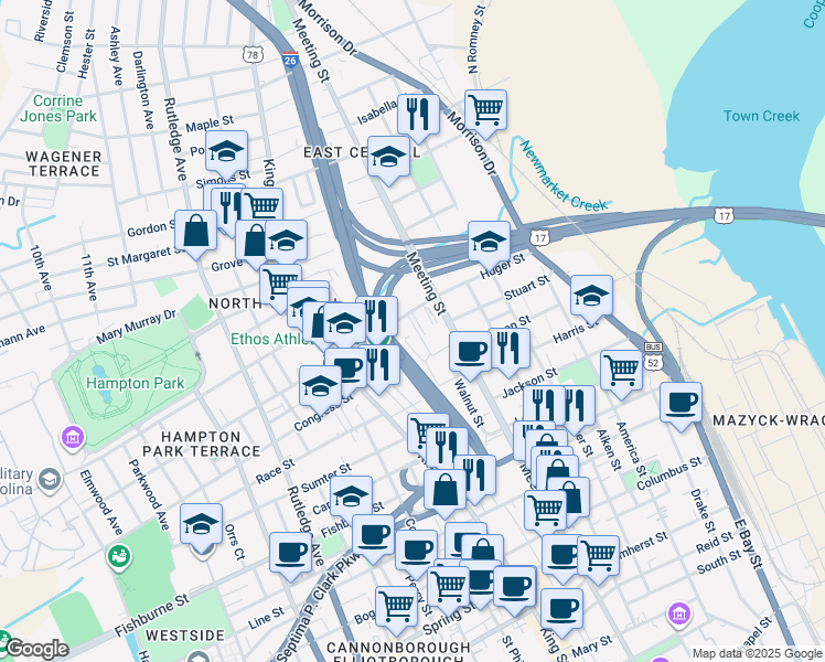 map of restaurants, bars, coffee shops, grocery stores, and more near 287 Huger Street in Charleston