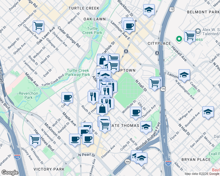 map of restaurants, bars, coffee shops, grocery stores, and more near 3030 McKinney Avenue in Dallas