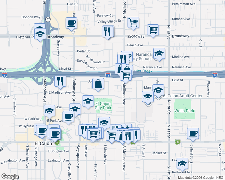 map of restaurants, bars, coffee shops, grocery stores, and more near 855 East Madison Avenue in El Cajon