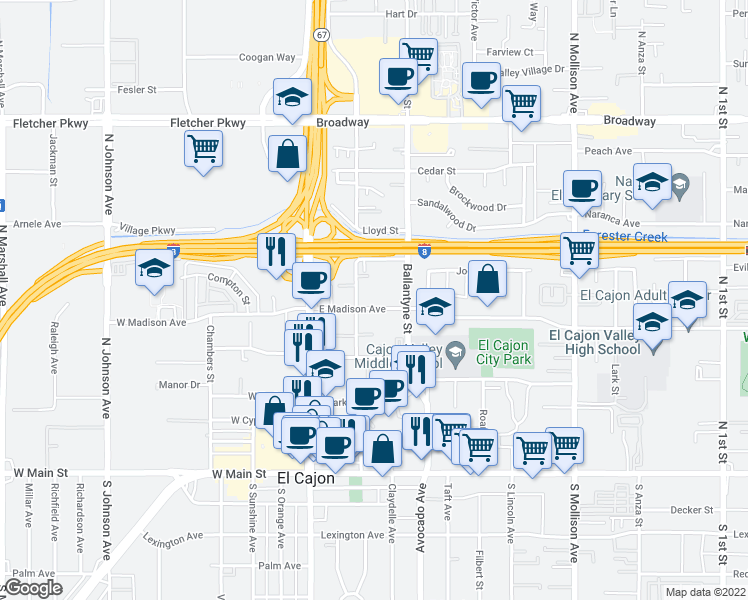 map of restaurants, bars, coffee shops, grocery stores, and more near 285 East Madison Avenue in El Cajon