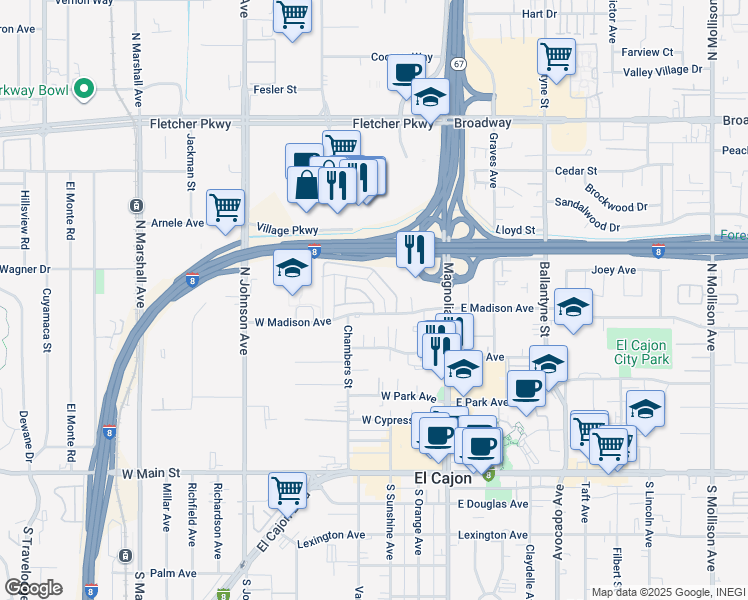 map of restaurants, bars, coffee shops, grocery stores, and more near 337 West Madison Avenue in El Cajon