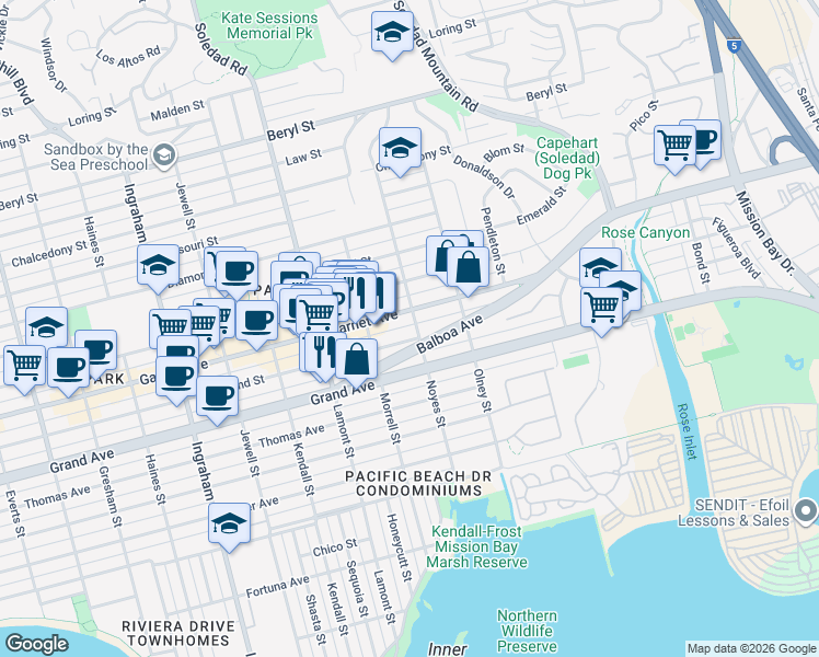 map of restaurants, bars, coffee shops, grocery stores, and more near 2034 Balboa Avenue in San Diego