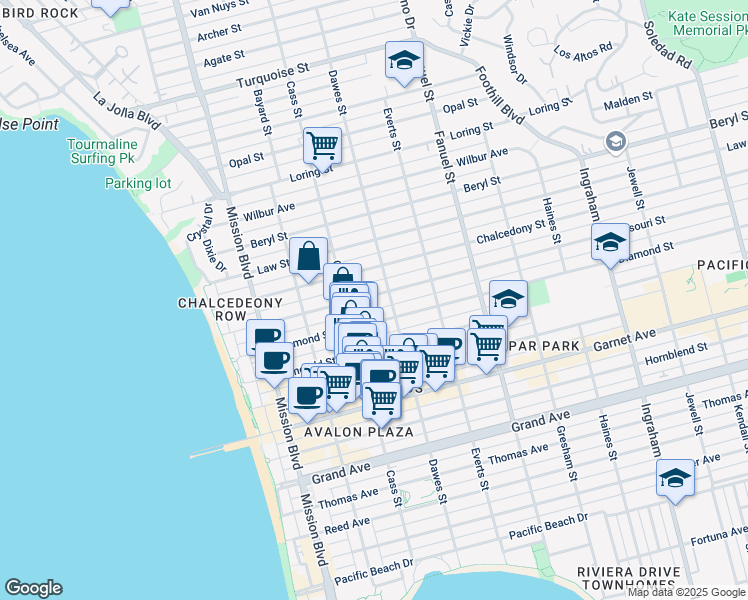 map of restaurants, bars, coffee shops, grocery stores, and more near 4735 Cass Street in San Diego