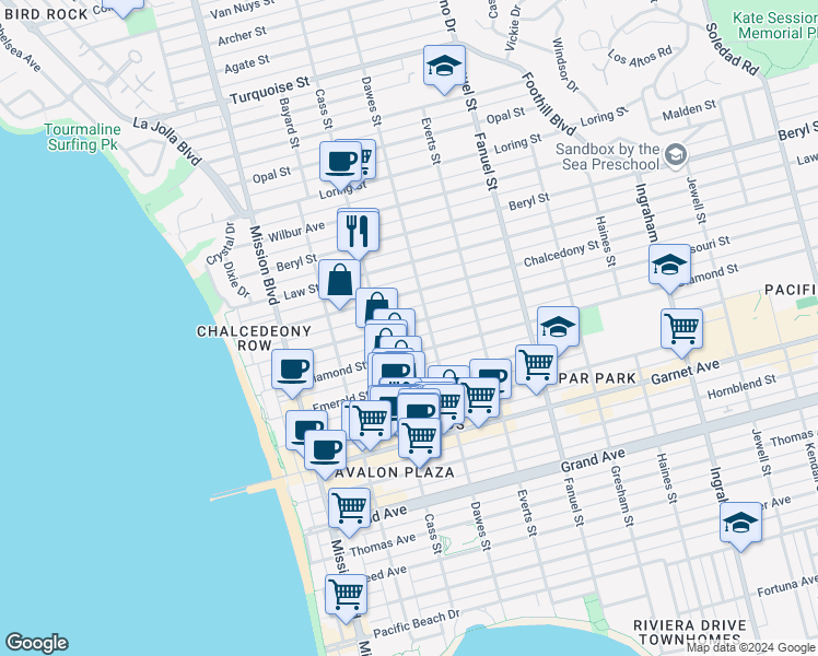 map of restaurants, bars, coffee shops, grocery stores, and more near 4735 Cass Street in San Diego