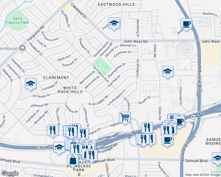 map of restaurants, bars, coffee shops, grocery stores, and more near 6209 North Jim Miller Road in Dallas