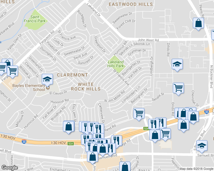 map of restaurants, bars, coffee shops, grocery stores, and more near 8315 Van Pelt Drive in Dallas