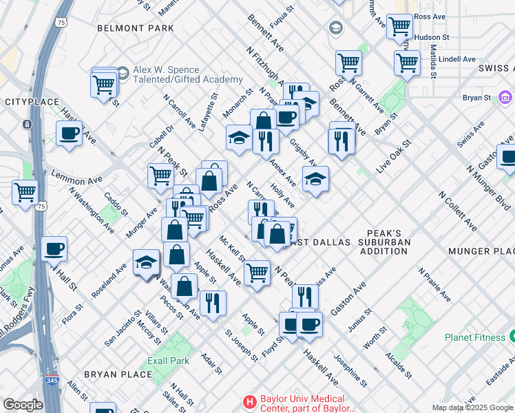 map of restaurants, bars, coffee shops, grocery stores, and more near 1513 North Peak Street in Dallas