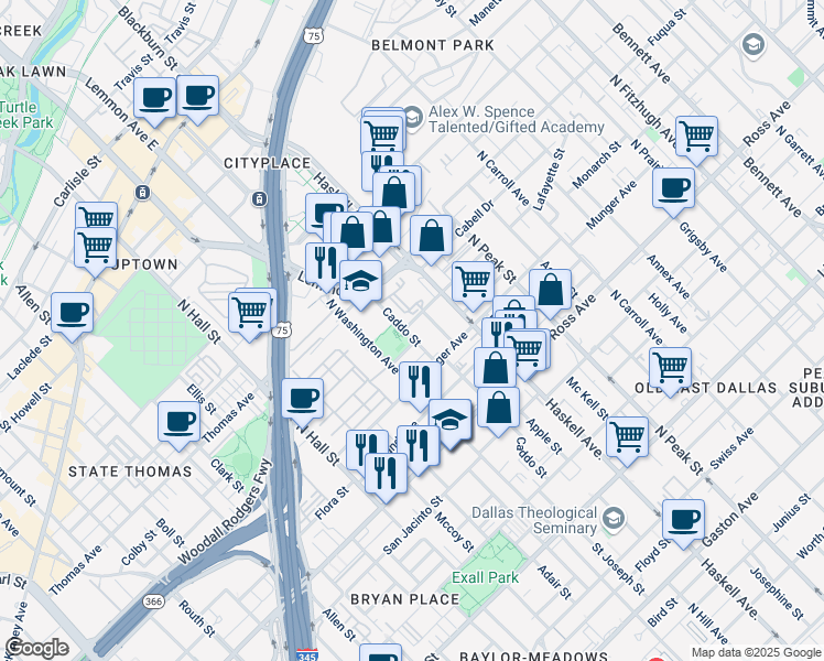 map of restaurants, bars, coffee shops, grocery stores, and more near 1909 Caddo Street in Dallas