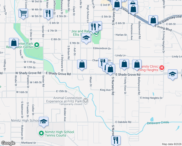 map of restaurants, bars, coffee shops, grocery stores, and more near 1202 Mayo Street in Irving