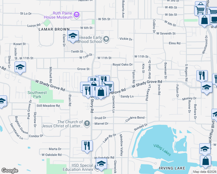 map of restaurants, bars, coffee shops, grocery stores, and more near 2327 West Shady Grove Road in Irving