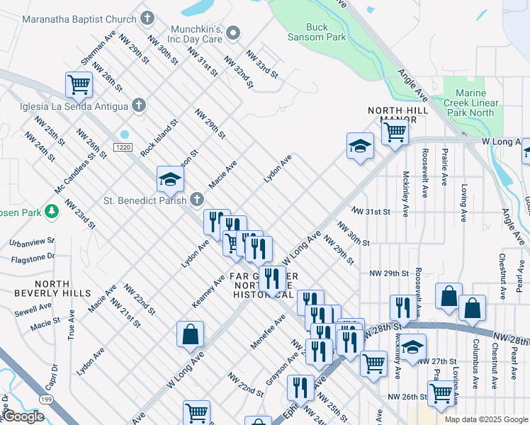 map of restaurants, bars, coffee shops, grocery stores, and more near 2804 Kearney Avenue in Fort Worth
