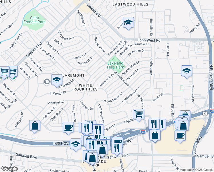 map of restaurants, bars, coffee shops, grocery stores, and more near 8315 Van Pelt Drive in Dallas