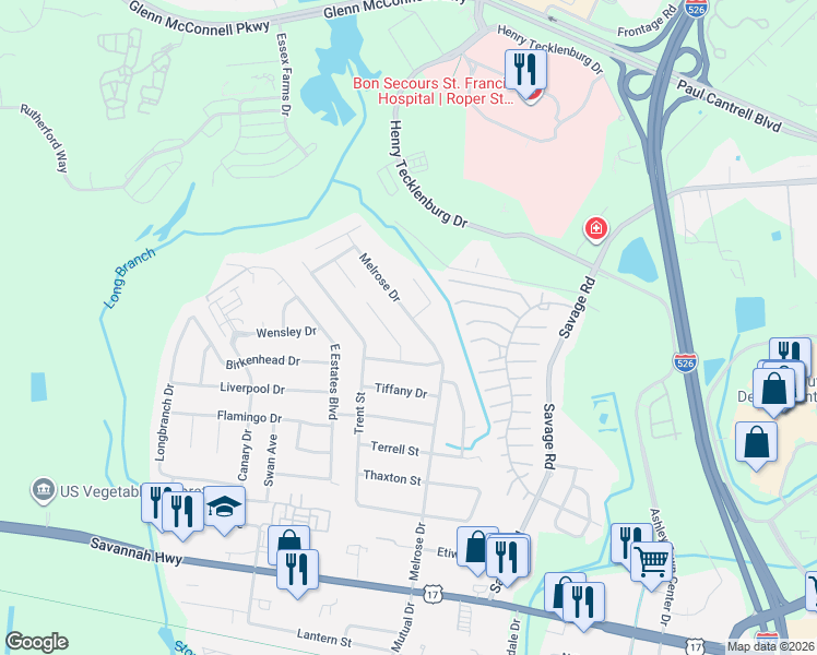 map of restaurants, bars, coffee shops, grocery stores, and more near 875 Melrose Drive in Charleston