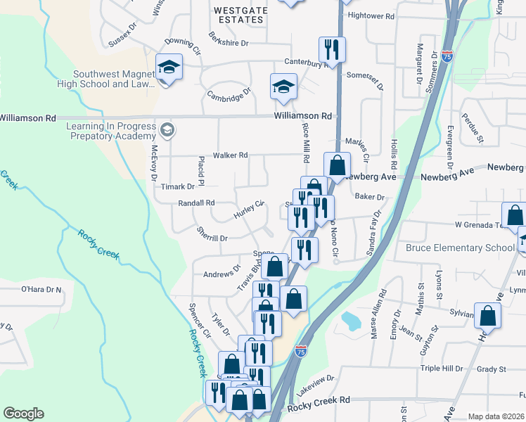 map of restaurants, bars, coffee shops, grocery stores, and more near 35 Sherry Drive in Macon