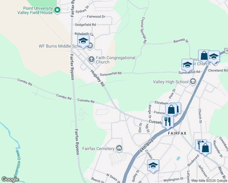 map of restaurants, bars, coffee shops, grocery stores, and more near 204 Huguley Road in Valley