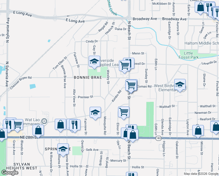 map of restaurants, bars, coffee shops, grocery stores, and more near 3104 Mesquite Road in Fort Worth