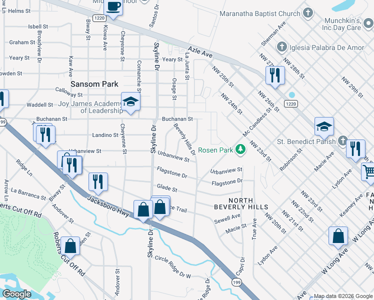 map of restaurants, bars, coffee shops, grocery stores, and more near 5008 Urbanview Street in Fort Worth