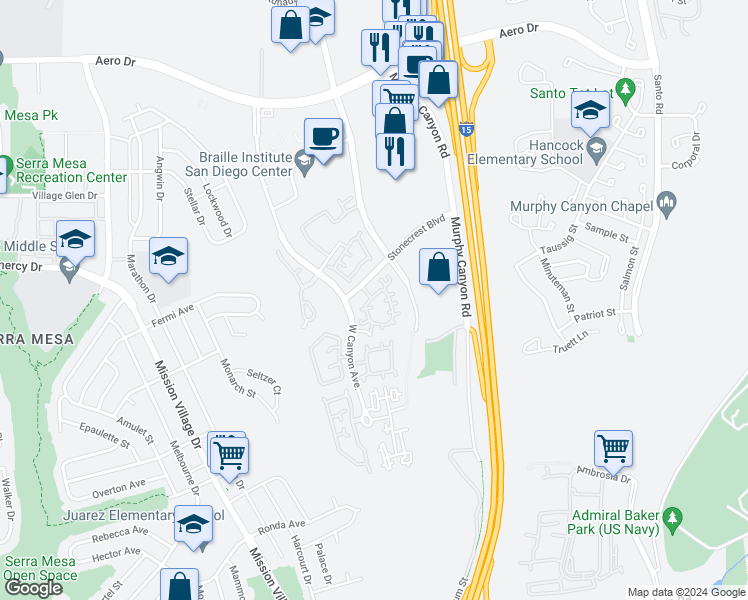 map of restaurants, bars, coffee shops, grocery stores, and more near 9683 Stonecrest Boulevard in San Diego