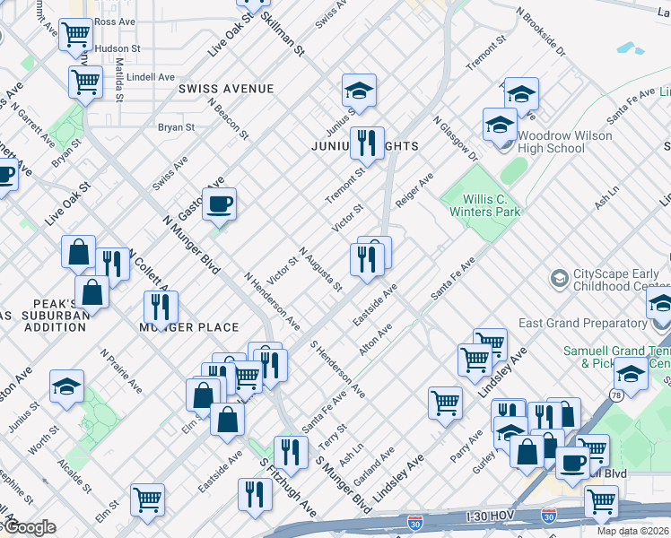 map of restaurants, bars, coffee shops, grocery stores, and more near 5510 Reiger Avenue in Dallas
