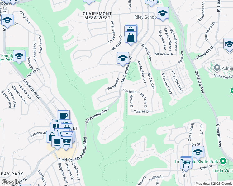 map of restaurants, bars, coffee shops, grocery stores, and more near 5455 Via Bello in San Diego